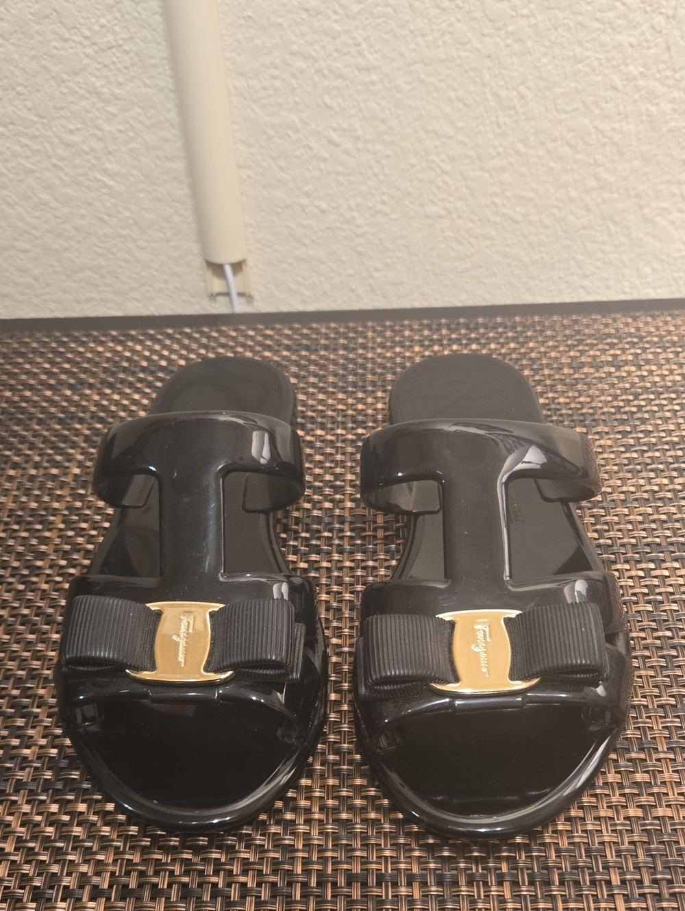 Salvatore Ferragamo Black Patent Bow Slide Sandals with Gold Accent